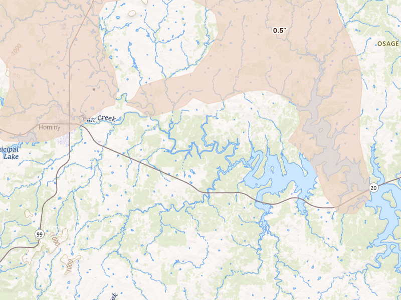 Radar-estimated hail-size map of the storm over Hominy, OK on Jul 4, 2026