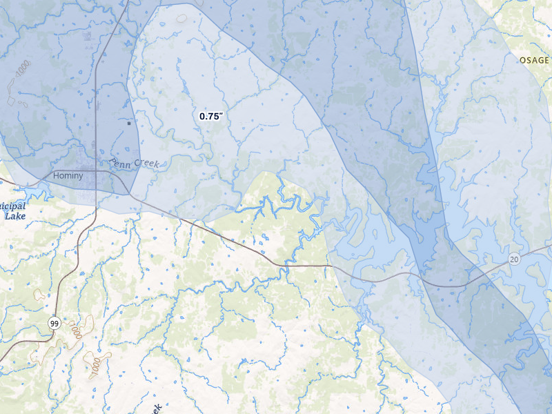 NEXRAD radar-signature map of the hail over Hominy, OK