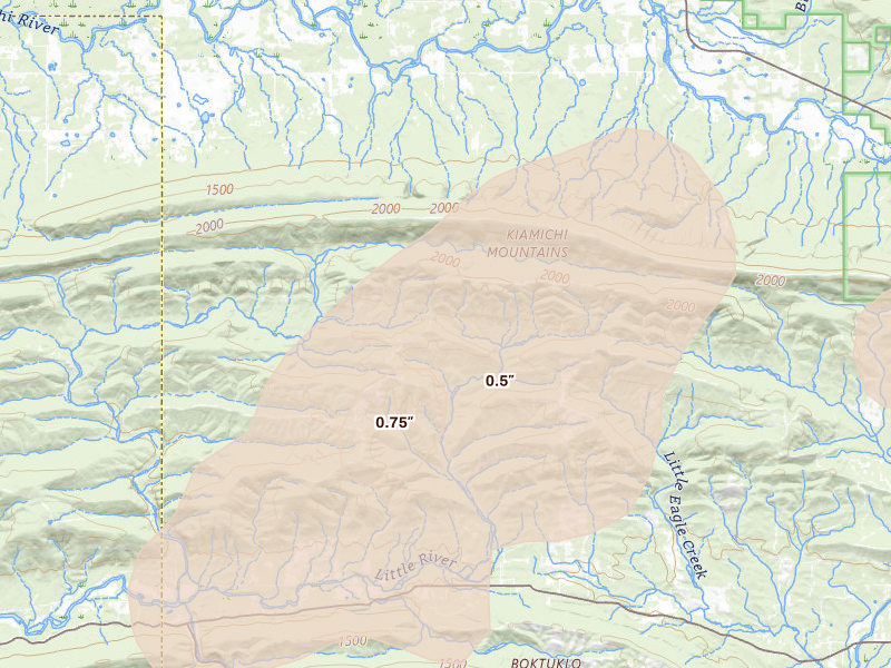 Radar-estimated hail-size map of the storm over Honobia, OK on Apr 28, 2026