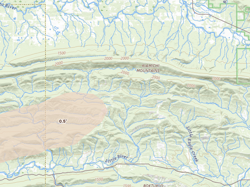 Radar-estimated hail-size map of the storm over Honobia, OK on May 5, 2026