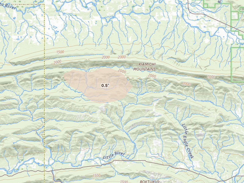 Radar-estimated hail-size map of the storm over Honobia, OK on Jul 12, 2026