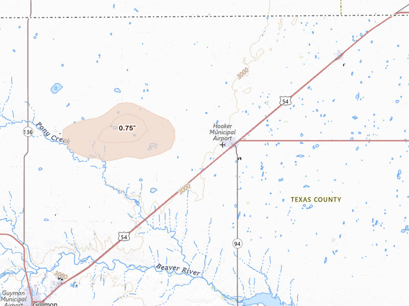 Radar-estimated hail-size map of the storm over Hooker, OK on Jun 2, 2026