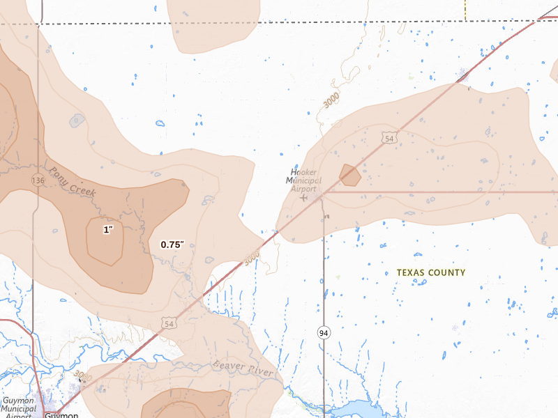 Radar-estimated hail-size map of the storm over Hooker, OK on Jul 3, 2026