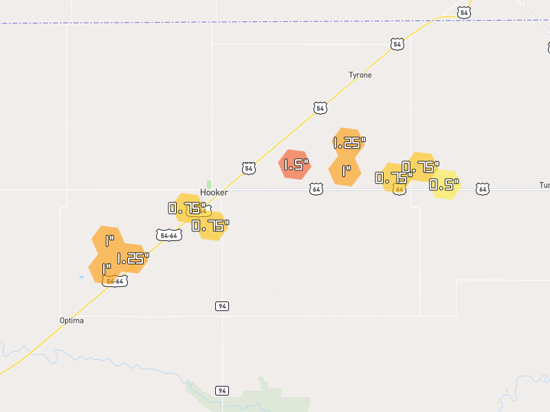 Hail map of Hooker, OK on Jul 3, 2026, hail up to 1.5"
