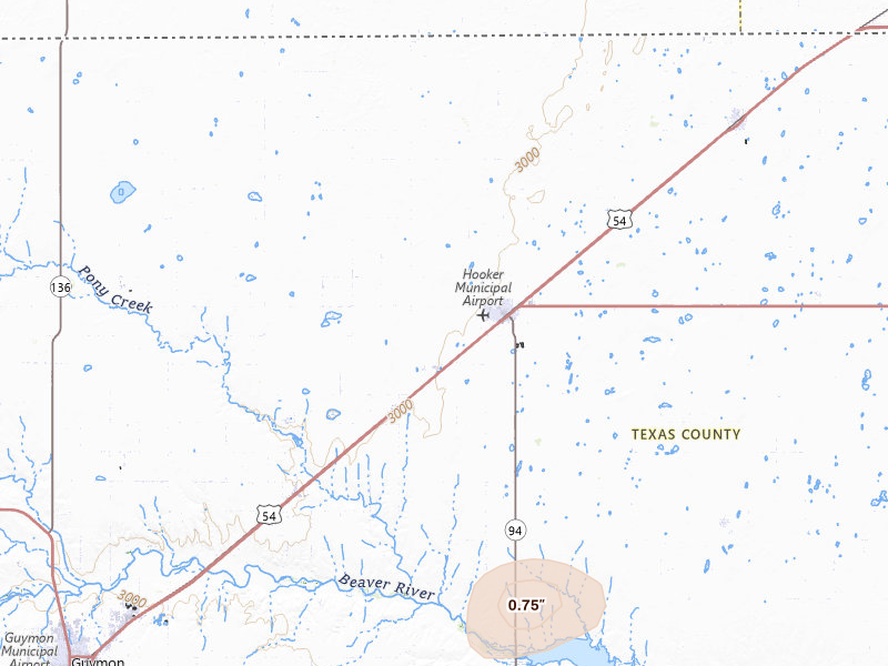 Radar-estimated hail-size map of the storm over Hooker, OK on Jul 9, 2026