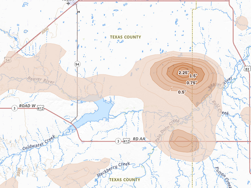 Radar-estimated hail-size map of the storm over Hooker, OK on Aug 6, 2026