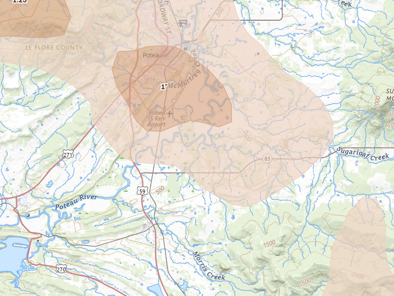 Radar-estimated hail-size map of the storm over Howe, OK on Apr 24, 2026