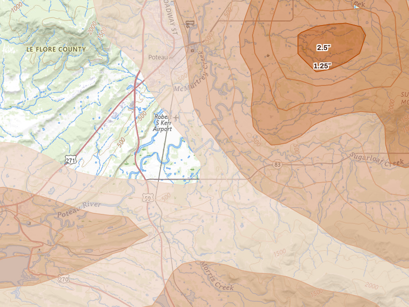 Radar-estimated hail-size map of the storm over Howe, OK on Apr 25, 2026
