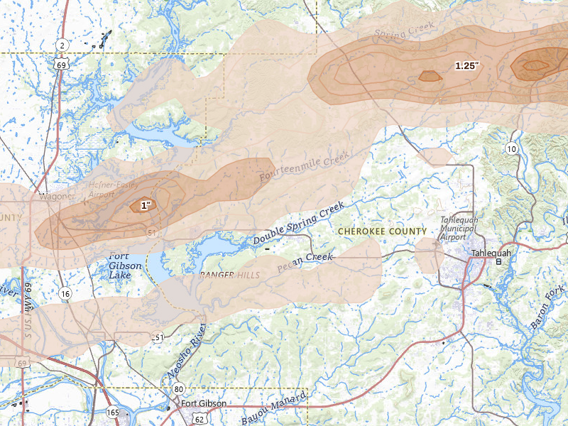 Radar-estimated hail-size map of the storm over Hulbert, OK on Apr 28, 2026