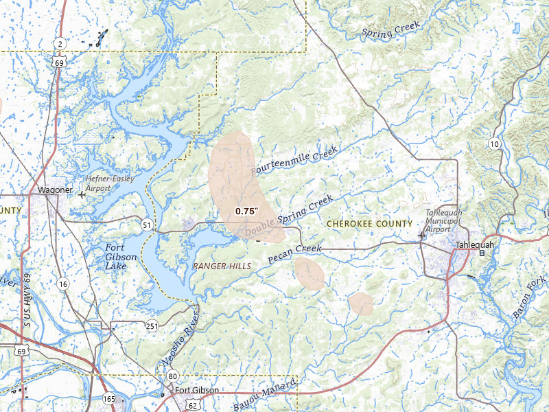 Radar-estimated hail-size map of the storm over Hulbert, OK on Jun 1, 2026