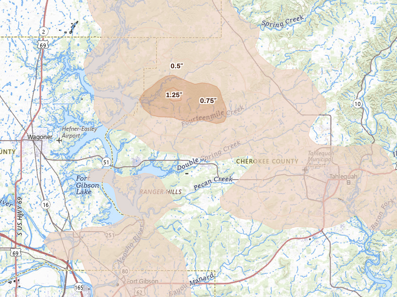 Radar-estimated hail-size map of the storm over Hulbert, OK on Jun 11, 2026