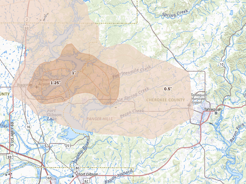 Radar-estimated hail-size map of the storm over Hulbert, OK on Jun 25, 2026