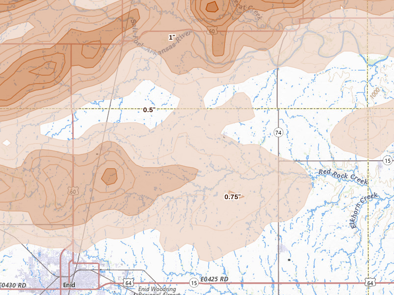 Radar-estimated hail-size map of the storm over Hunter, OK on Apr 17, 2026