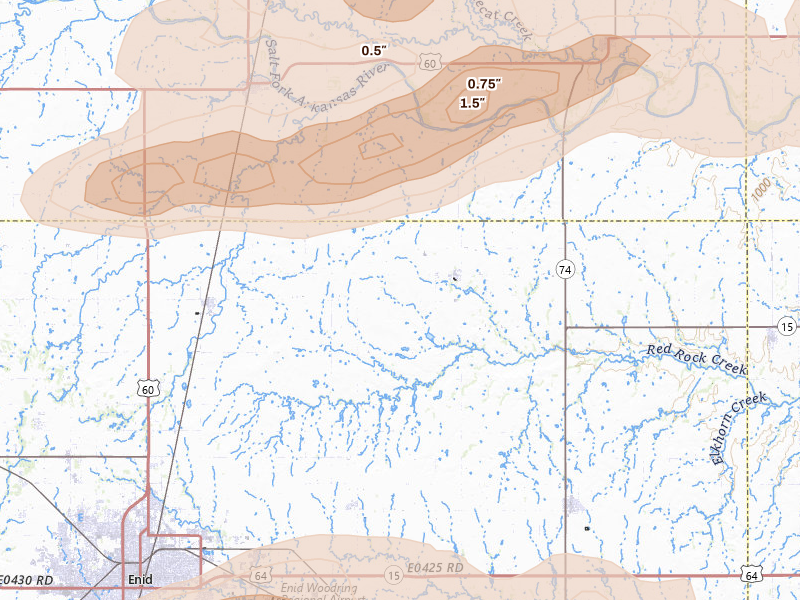 Radar-estimated hail-size map of the storm over Hunter, OK on Apr 23, 2026