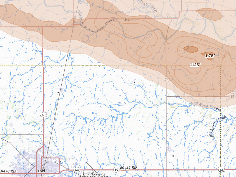 Radar-estimated hail-size map of the storm over Hunter, OK on Jun 18, 2026