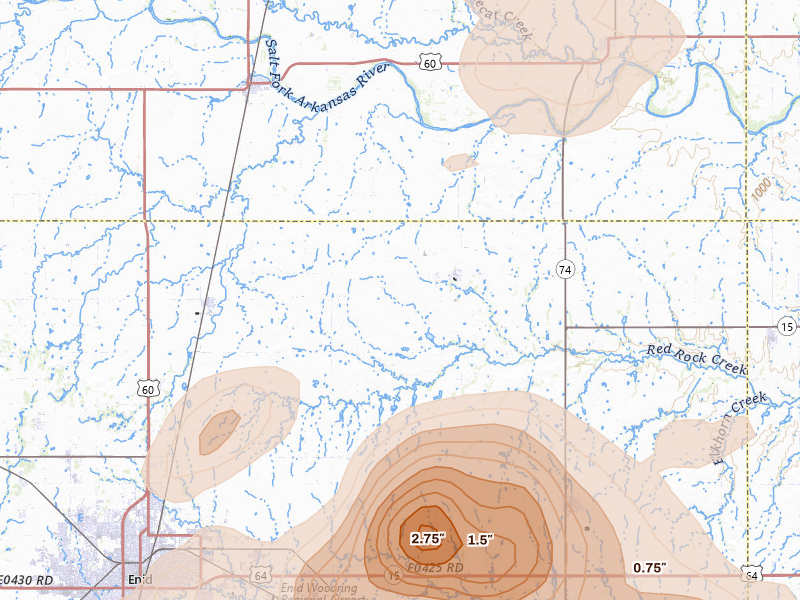 Radar-estimated hail-size map of the storm over Hunter, OK on Jun 26, 2026