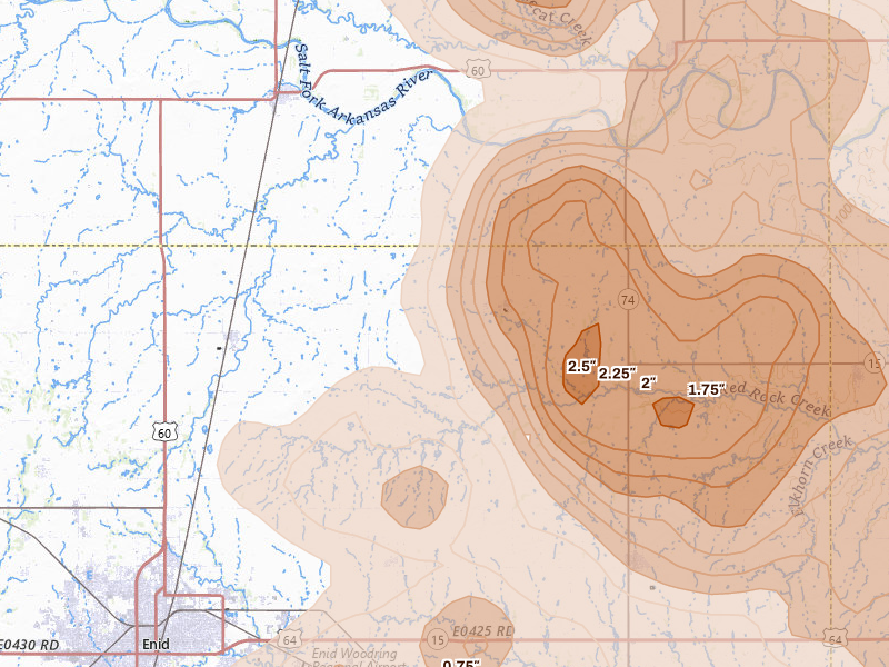 Radar-estimated hail-size map of the storm over Hunter, OK on Jul 4, 2026