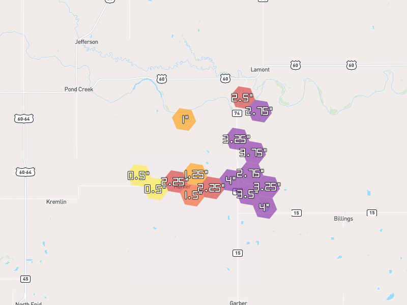 Hail map of Hunter, OK on Jul 4, 2026, hail up to 4"