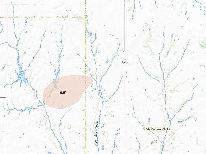 Radar-estimated hail-size map of the storm over Hydro, OK on Apr 17, 2026