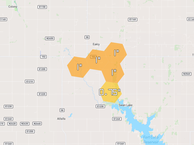 Hail map of Hydro, OK on Jun 1, 2026, hail up to 1"
