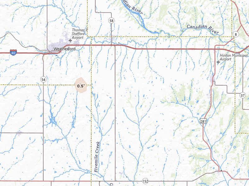 Radar-estimated hail-size map of the storm over Hydro, OK on Jun 6, 2026