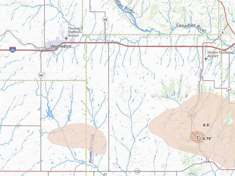 Radar-estimated hail-size map of the storm over Hydro, OK on Jun 11, 2026