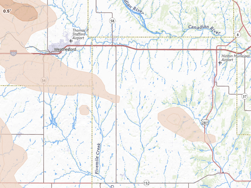 Radar-estimated hail-size map of the storm over Hydro, OK on Jul 4, 2026