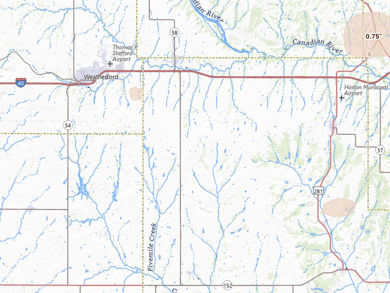 Radar-estimated hail-size map of the storm over Hydro, OK on Jul 11, 2026