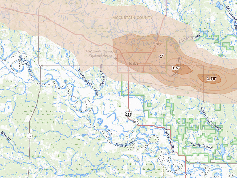 Radar-estimated hail-size map of the storm over Idabel, OK on Apr 28, 2026
