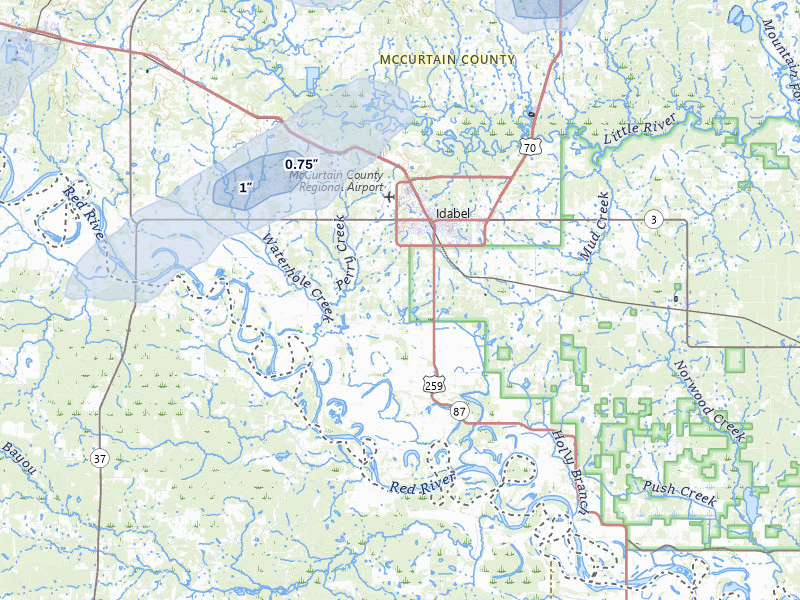 NEXRAD radar-signature map of the hail storm over Idabel, OK on Apr 28, 2026