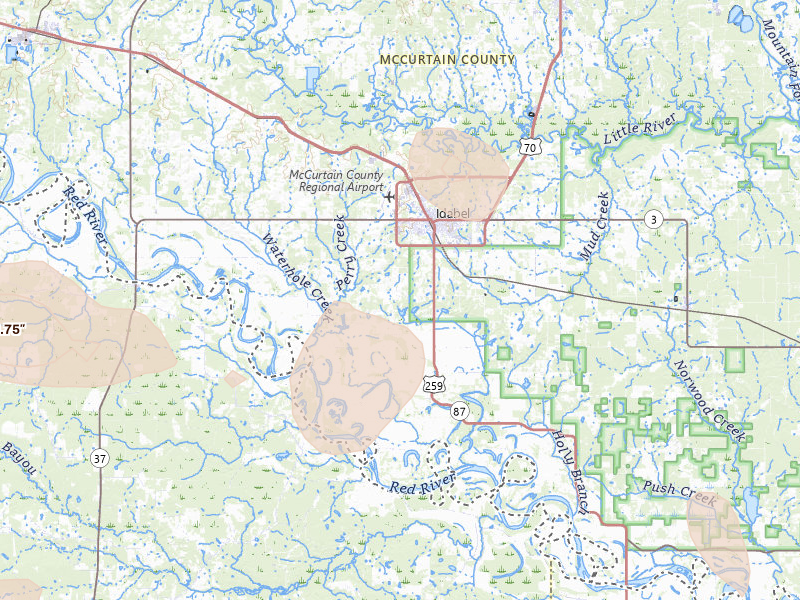 Radar-estimated hail-size map of the storm over Idabel, OK on Jun 23, 2026