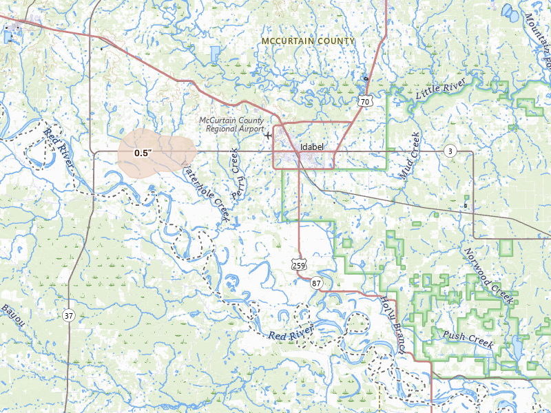 Radar-estimated hail-size map of the storm over Idabel, OK on Jul 7, 2026