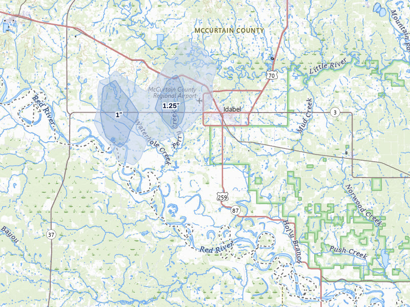 NEXRAD radar-signature map of the hail storm over Idabel, OK on Jul 7, 2026