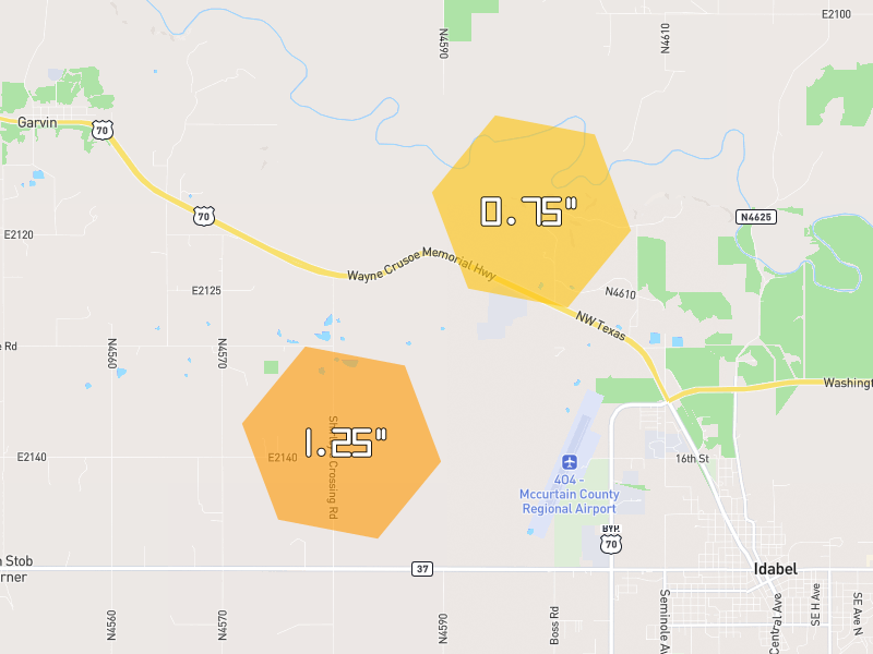 Hail map of Idabel, OK on Jul 7, 2026, hail up to 1.25"