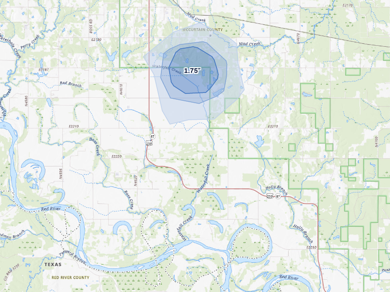 NEXRAD radar-signature map of the hail storm over Idabel, OK on Aug 8, 2026