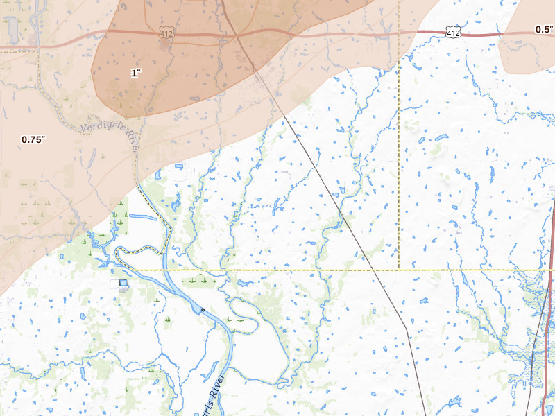 Radar-estimated hail-size map of the storm over Inola, OK on Mar 6, 2026