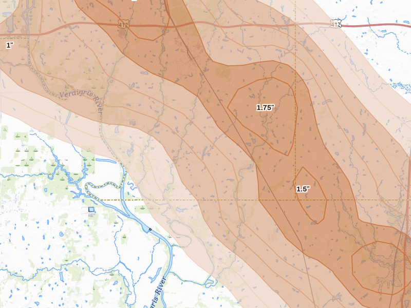 Radar-estimated hail-size map of the storm over Inola, OK on May 8, 2026
