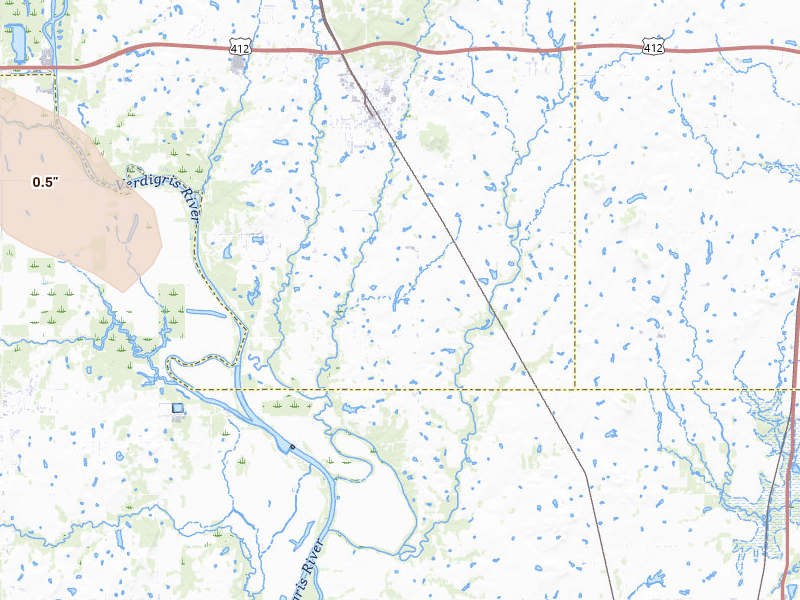 Radar-estimated hail-size map of the storm over Inola, OK on Jun 2, 2026