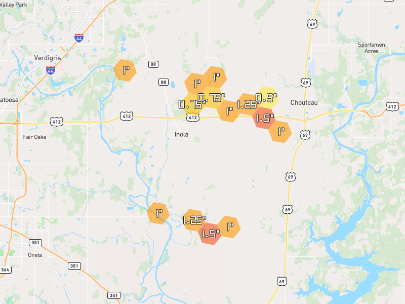 Hail map of Inola, OK on Jun 2, 2026, hail up to 1.5"