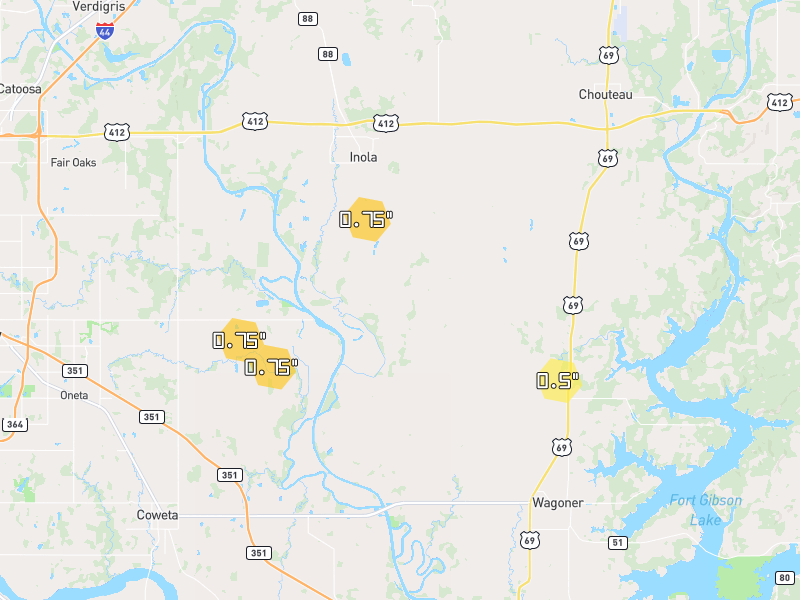 Hail map of Inola, OK on Jun 3, 2026, hail up to 0.75"
