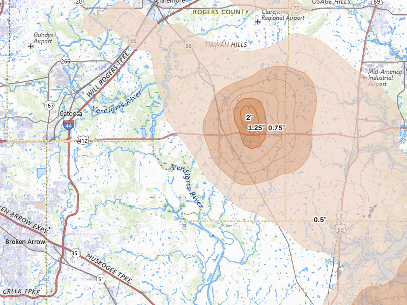 Radar-estimated hail-size map of the storm over Inola, OK on Jun 25, 2026