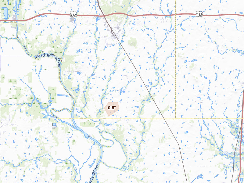 Radar-estimated hail-size map of the storm over Inola, OK on Aug 20, 2026