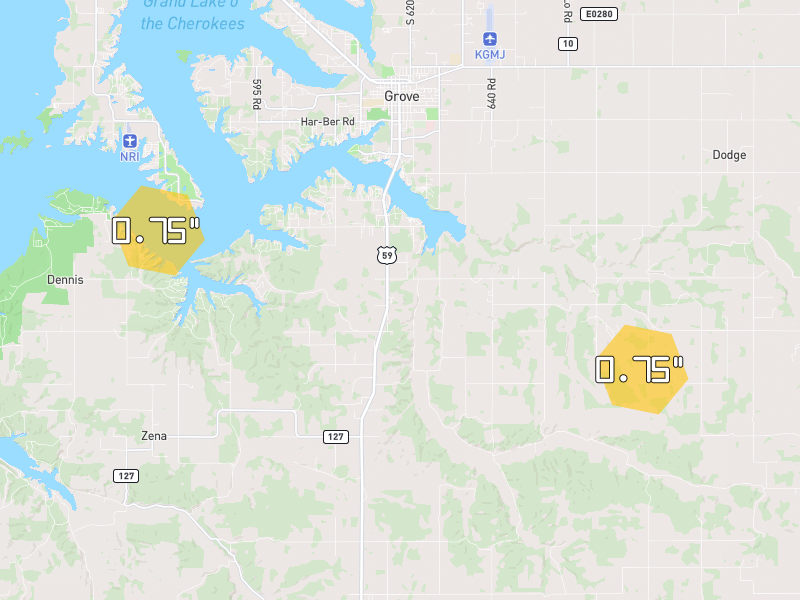 Hail map of Jay, OK on Jul 5, 2026, hail up to 0.75"