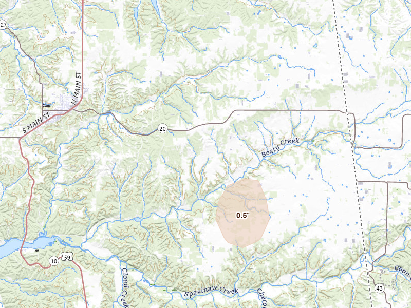 Radar-estimated hail-size map of the storm over Jay, OK on Jul 21, 2026