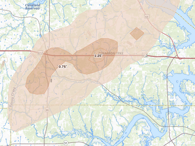 Radar-estimated hail-size map of the storm over Jennings, OK on Apr 1, 2026