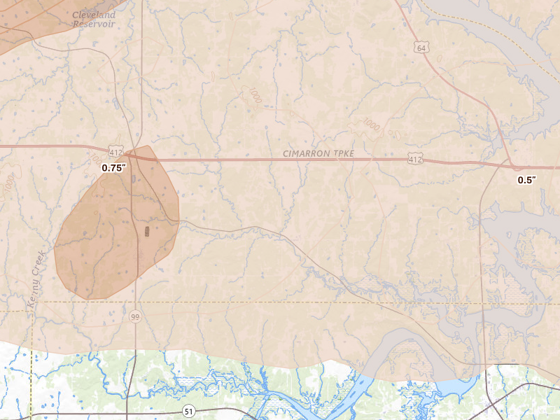 Radar-estimated hail-size map of the storm over Jennings, OK on Apr 23, 2026