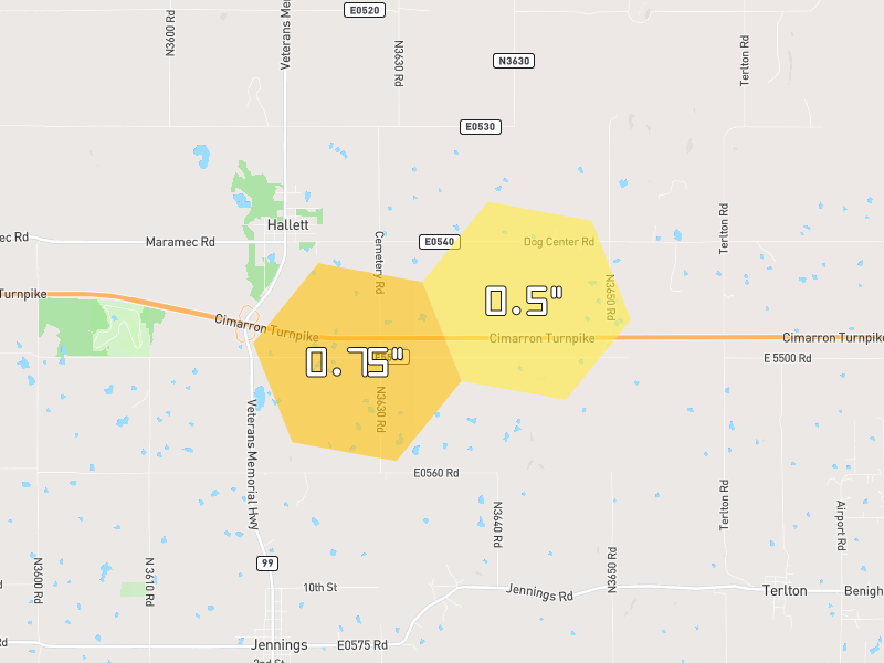 Hail map of Jennings, OK on Jun 2, 2026, hail up to 0.75"