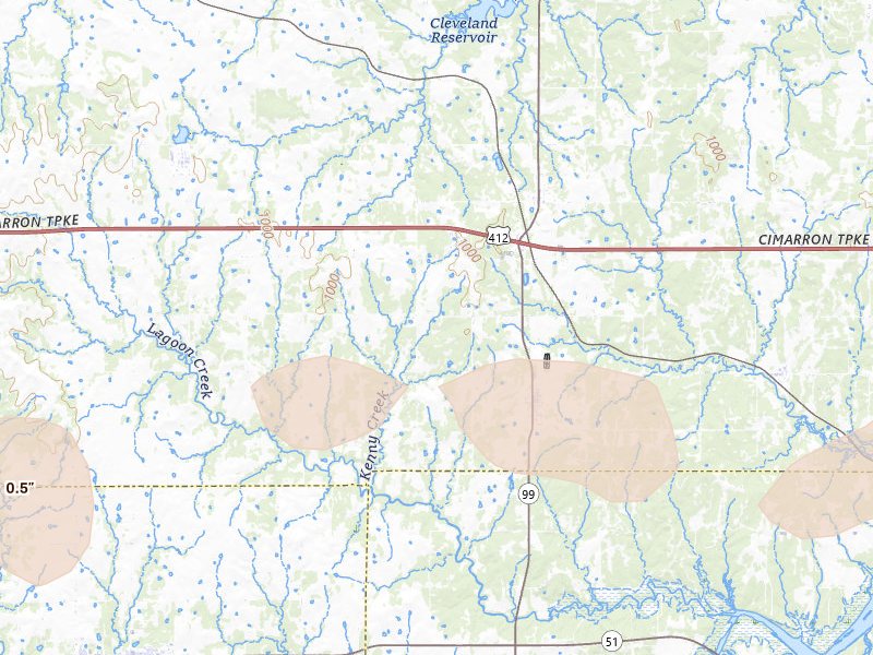 Radar-estimated hail-size map of the storm over Jennings, OK on Aug 17, 2026