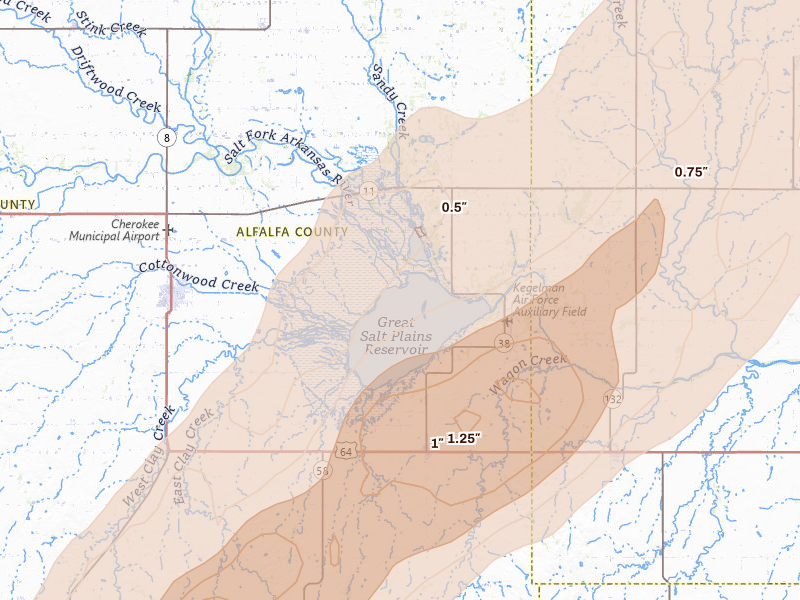 Radar-estimated hail-size map of the storm over Jet, OK on Mar 5, 2026