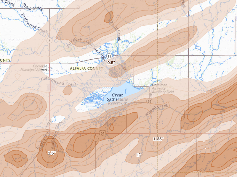 Radar-estimated hail-size map of the storm over Jet, OK on Apr 17, 2026